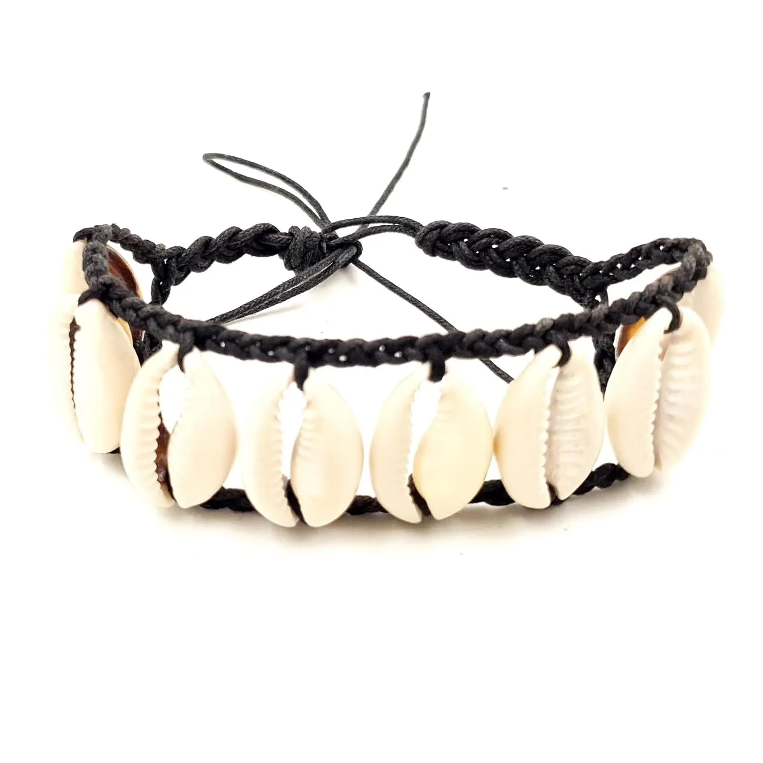 Bracelet Cowrie Puka Shell Adjustable Cotton Thread Beach Boho Chic Style for Men and Women 2Psc (Black)