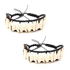 Bracelet Cowrie Puka Shell Adjustable Cotton Thread Beach Boho Chic Style for Men and Women 2Psc (Black)