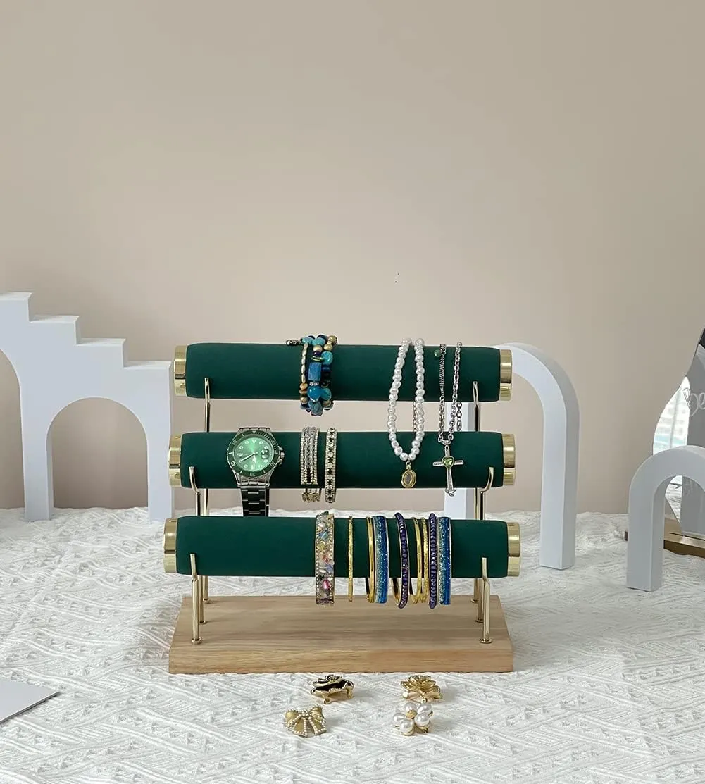 Bracelet Display Holder Small Size Jewelry Storage Stand 3 Tier Bangle Organizer Wooden Velvet Watch Tower