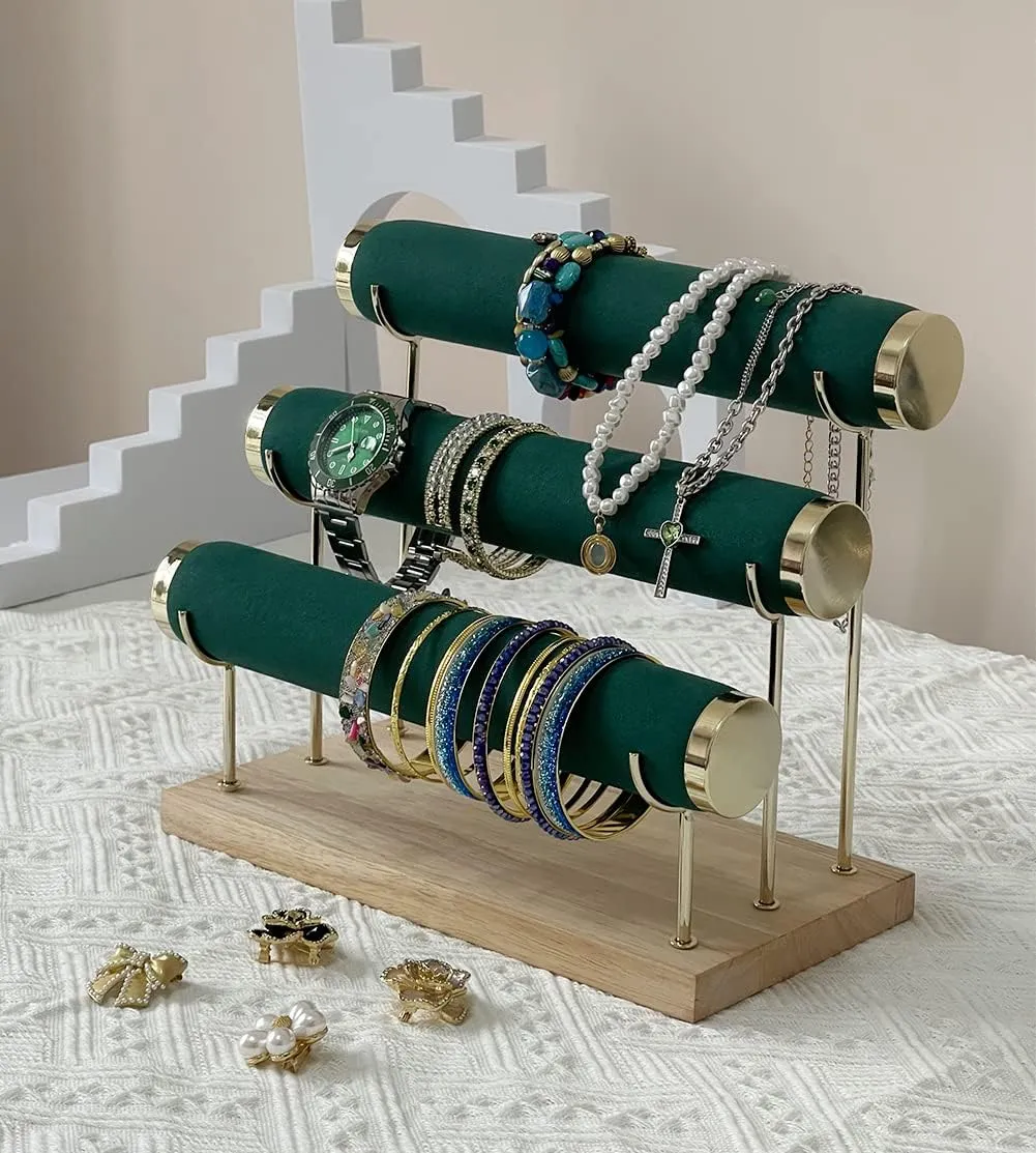 Bracelet Display Holder Small Size Jewelry Storage Stand 3 Tier Bangle Organizer Wooden Velvet Watch Tower