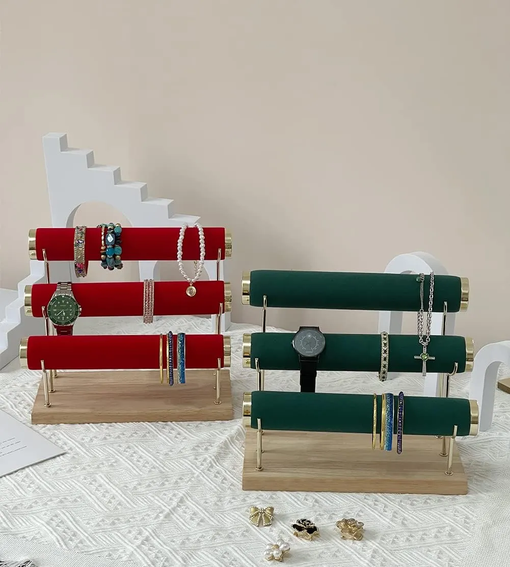 Bracelet Display Holder Small Size Jewelry Storage Stand 3 Tier Bangle Organizer Wooden Velvet Watch Tower
