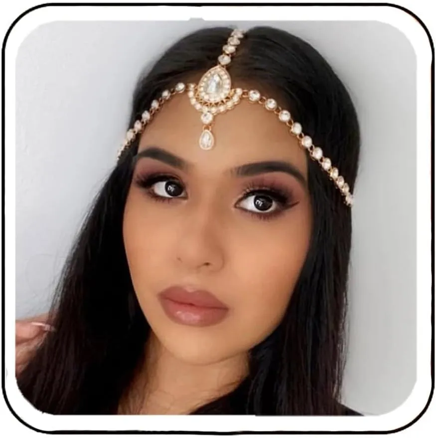 Brishow Crystal Head Chain Jewelry Gold Rhinestone Hair Chain Boho Bridal Headpiece for Women