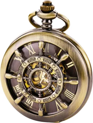 Bronze Rudder Pocket Watch Double Cover Roman Numerals Dial Skeleton Man Women Pocket Watches for Men