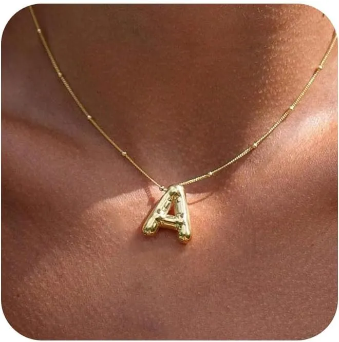 Bubble Lertter Necklace for Women,Bubble Initial Necklace Gold Layered Initial Necklaces Dainty Gold Charm Name Necklace Ballon Letter Pendant Necklace Chunky Necklaces for Women Trendy Jewelry