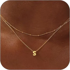 Bubble Letter Necklace Gold Layered Initial Necklace for Women 14K Gold Plated Small Balloon Pendant Necklaces Cute Name A-Z Choker Necklaces Personalized Gold Jewelry Gift
