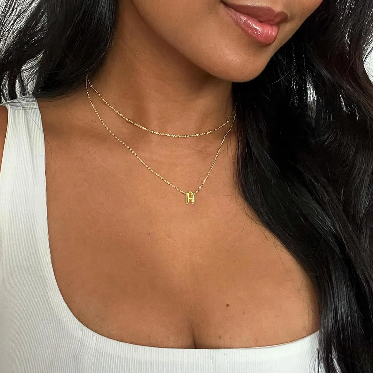 Bubble Letter Necklace Gold Layered Initial Necklace for Women 14K Gold Plated Small Balloon Pendant Necklaces Cute Name A-Z Choker Necklaces Personalized Gold Jewelry Gift