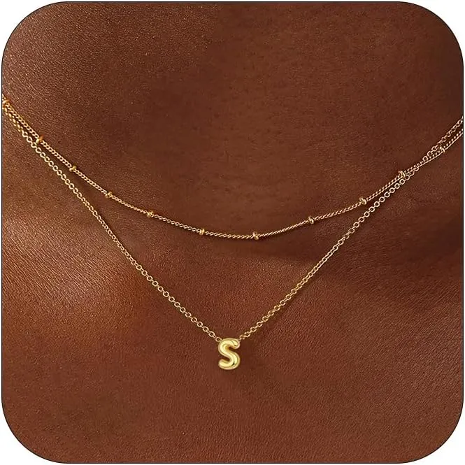 Bubble Letter Necklace Gold Layered Initial Necklace for Women 14K Gold Plated Small Balloon Pendant Necklaces Cute Name A-Z Choker Necklaces Personalized Gold Jewelry Gift