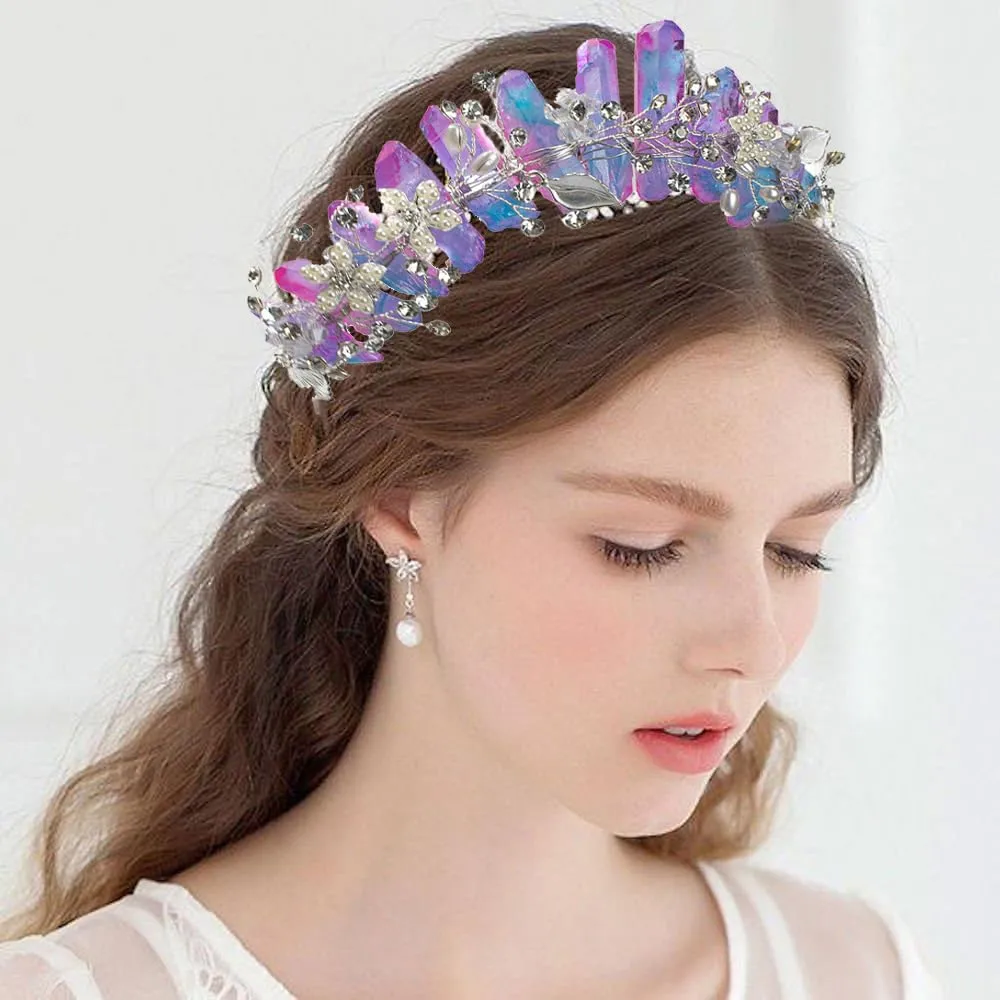 Bubbmi Raw Crystal Headband with Pearl Flowers, Quartz Rhinestone Bridal Tiara Crown Headpiece for Women Girls