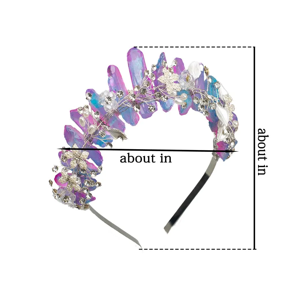 Bubbmi Raw Crystal Headband with Pearl Flowers, Quartz Rhinestone Bridal Tiara Crown Headpiece for Women Girls