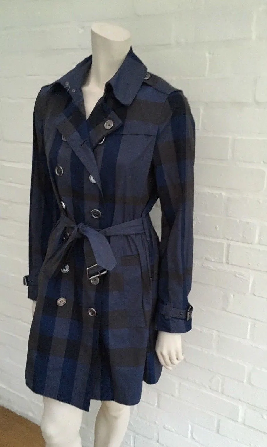 BURBERRY Brit Check Plaid Blue Mid-Length Belted Trench Coat Ladies