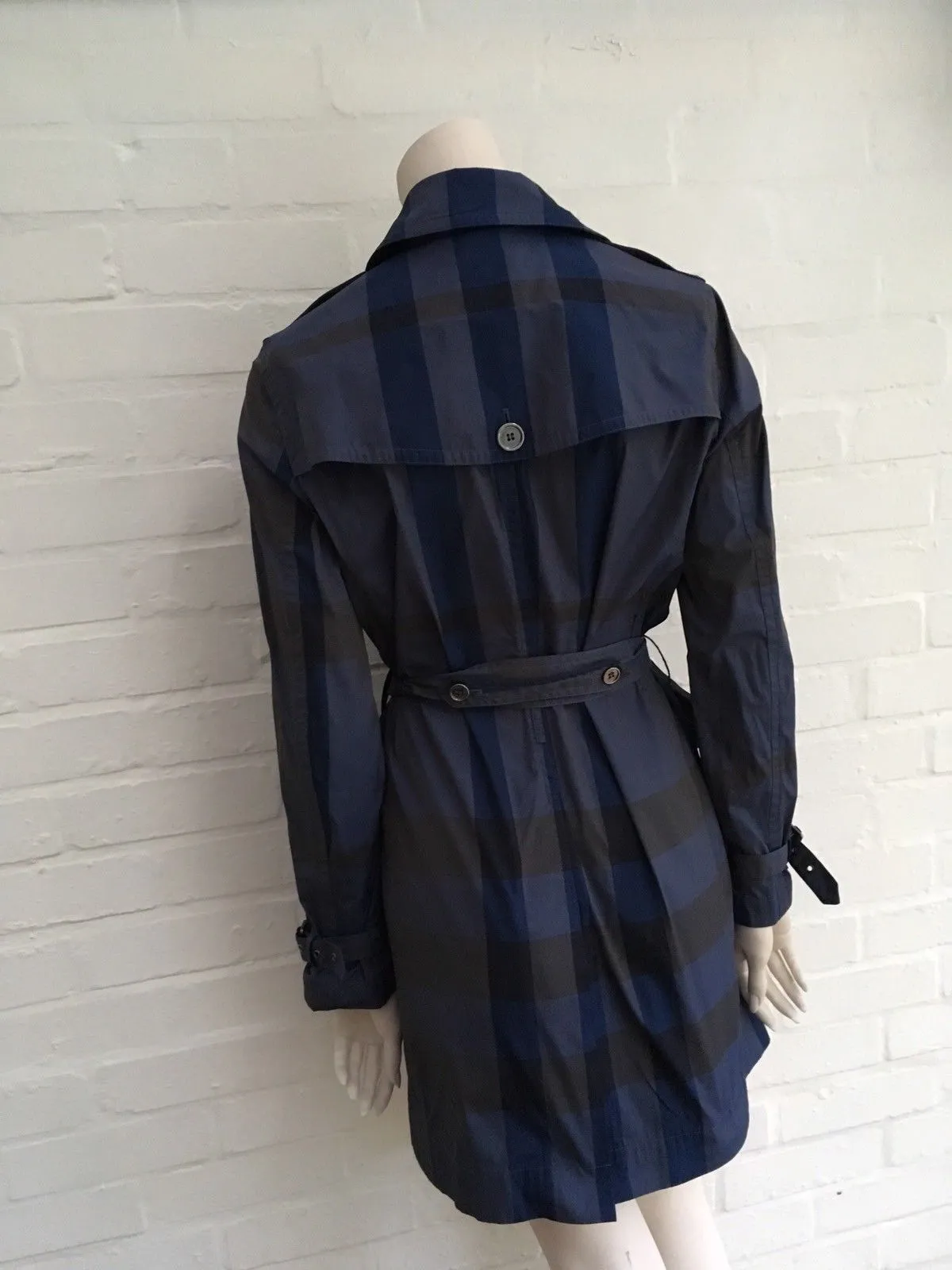 BURBERRY Brit Check Plaid Blue Mid-Length Belted Trench Coat Ladies