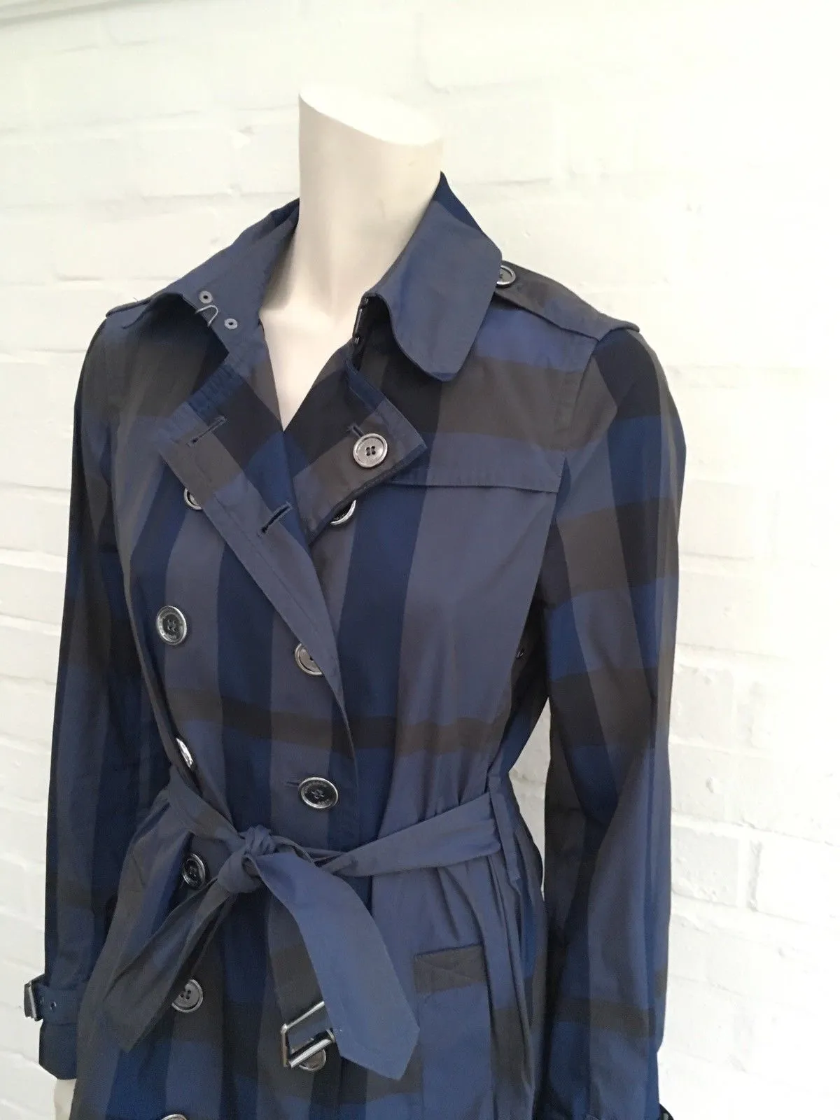 BURBERRY Brit Check Plaid Blue Mid-Length Belted Trench Coat Ladies