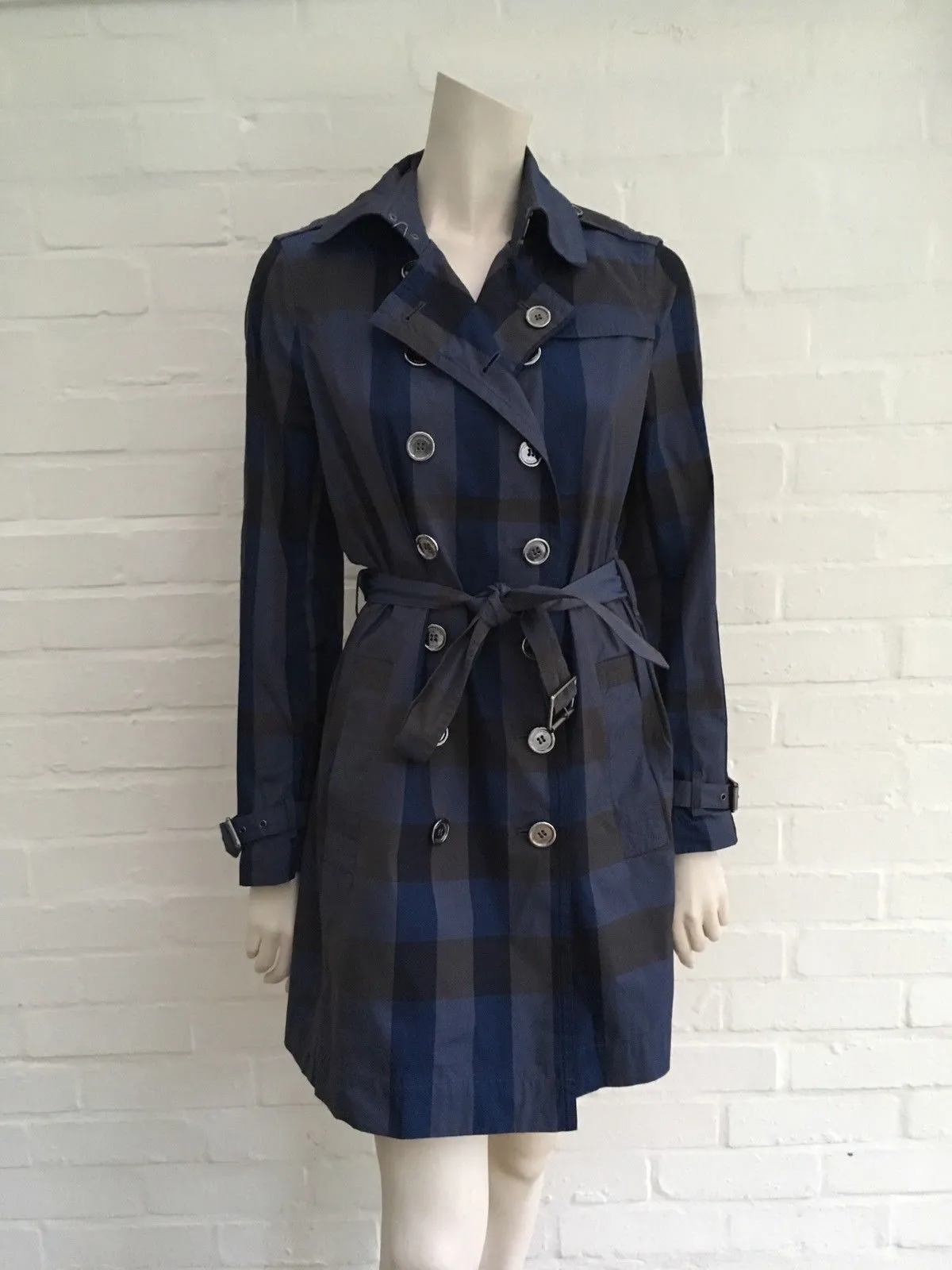 BURBERRY Brit Check Plaid Blue Mid-Length Belted Trench Coat Ladies