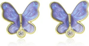 Butterfly Earrings for Teen Girl Trendy: 925 Sterling Silver Gold Earrings for Women Resin Butterfly Stud Earring with Zircon Hypoallergenic Cute Jewelry Gifts for Mom Birthday Graduation Prom Party