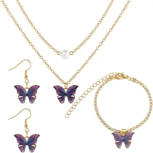 Butterfly Earrings Necklace Bracelets Set for Women Multicolor Butterfly Pendant Necklace Earrings Bracelets Gift for Women Girl Jewelry