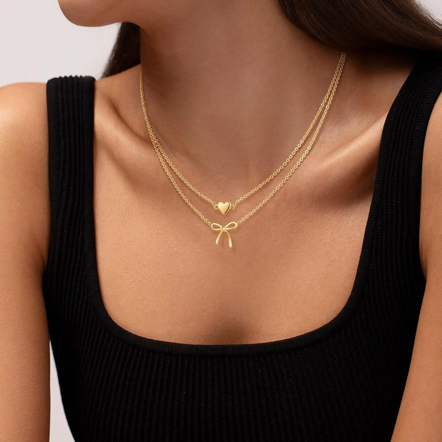 Caffordo Gold Necklace for Women - Dainty Bow Necklaces Cute 14K Gold Plated/Sterling Silver Tiny Bows Pendant Choker Chain Layered Necklaces Non Tarnish Trendy Jewelry Gift