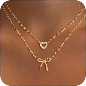 Caffordo Gold Necklace for Women - Dainty Bow Necklaces Cute 14K Gold Plated/Sterling Silver Tiny Bows Pendant Choker Chain Layered Necklaces Non Tarnish Trendy Jewelry Gift