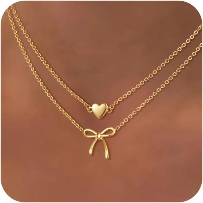 Caffordo Gold Necklace for Women - Dainty Bow Necklaces Cute 14K Gold Plated/Sterling Silver Tiny Bows Pendant Choker Chain Layered Necklaces Non Tarnish Trendy Jewelry Gift
