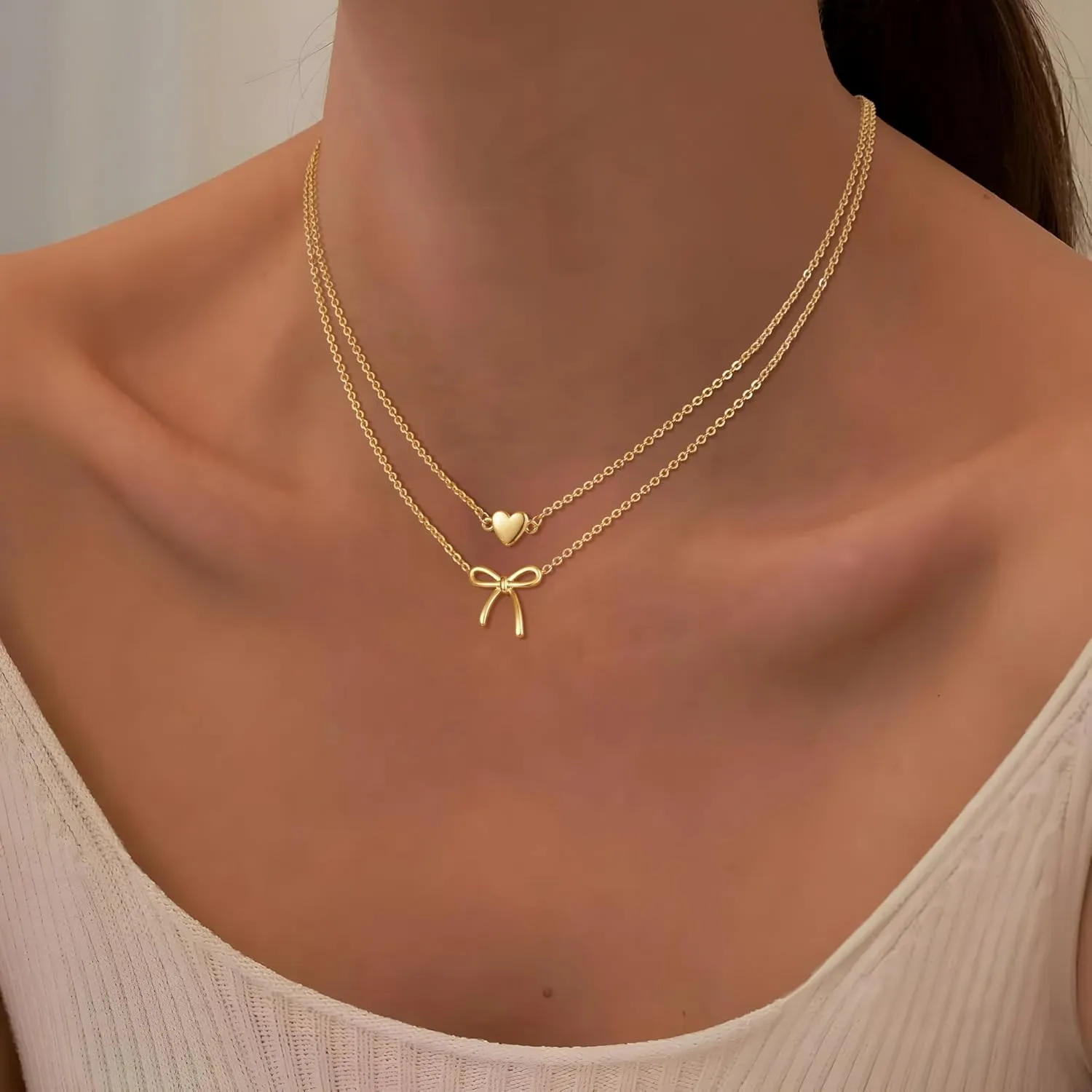 Caffordo Gold Necklace for Women - Dainty Bow Necklaces Cute 14K Gold Plated/Sterling Silver Tiny Bows Pendant Choker Chain Layered Necklaces Non Tarnish Trendy Jewelry Gift