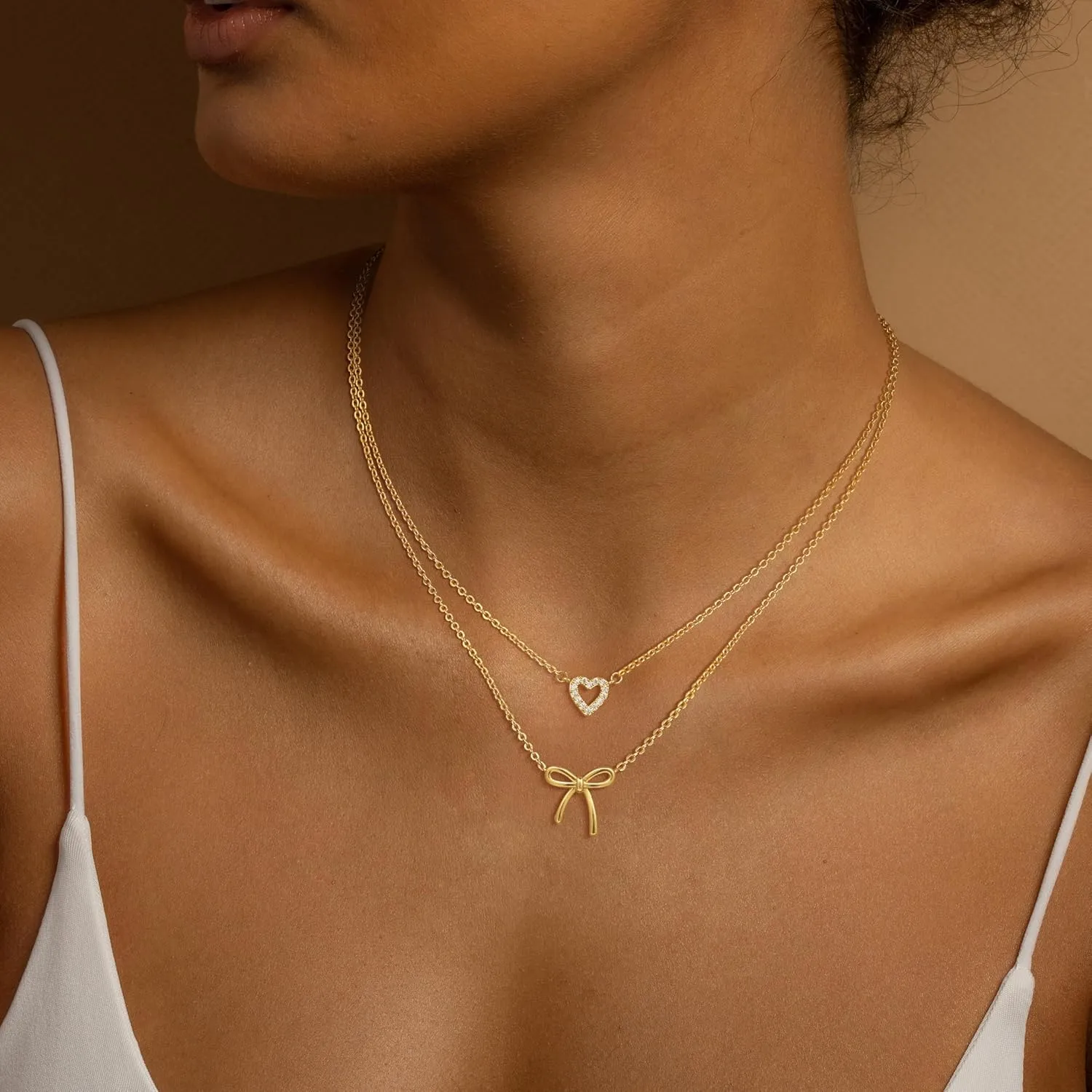 Caffordo Gold Necklace for Women - Dainty Bow Necklaces Cute 14K Gold Plated/Sterling Silver Tiny Bows Pendant Choker Chain Layered Necklaces Non Tarnish Trendy Jewelry Gift