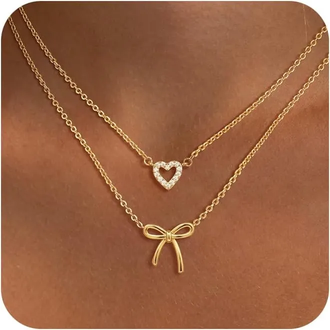 Caffordo Gold Necklace for Women - Dainty Bow Necklaces Cute 14K Gold Plated/Sterling Silver Tiny Bows Pendant Choker Chain Layered Necklaces Non Tarnish Trendy Jewelry Gift