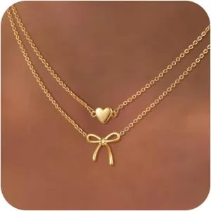 Caffordo Gold Necklace for Women - Dainty Bow Necklaces Cute 14K Gold Plated/Sterling Silver Tiny Bows Pendant Choker Chain Layered Necklaces Non Tarnish Trendy Jewelry Gift