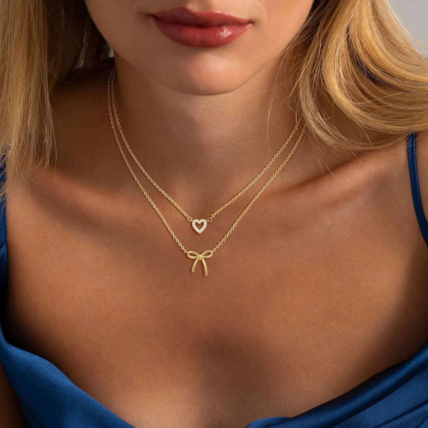 Caffordo Gold Necklace for Women - Dainty Bow Necklaces Cute 14K Gold Plated/Sterling Silver Tiny Bows Pendant Choker Chain Layered Necklaces Non Tarnish Trendy Jewelry Gift