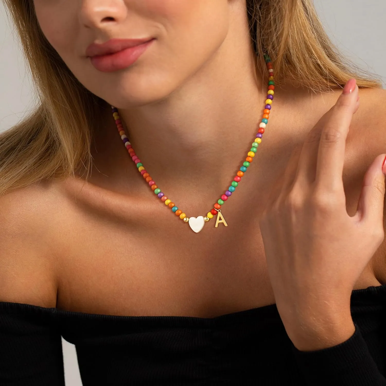 Caffordo Initial Necklaces for Women - Dainty 14K Gold Plated Letter A-Z Necklace Cute Colorful Beaded Choker Heart Pendants Necklace Trendy Jewelry Gifts