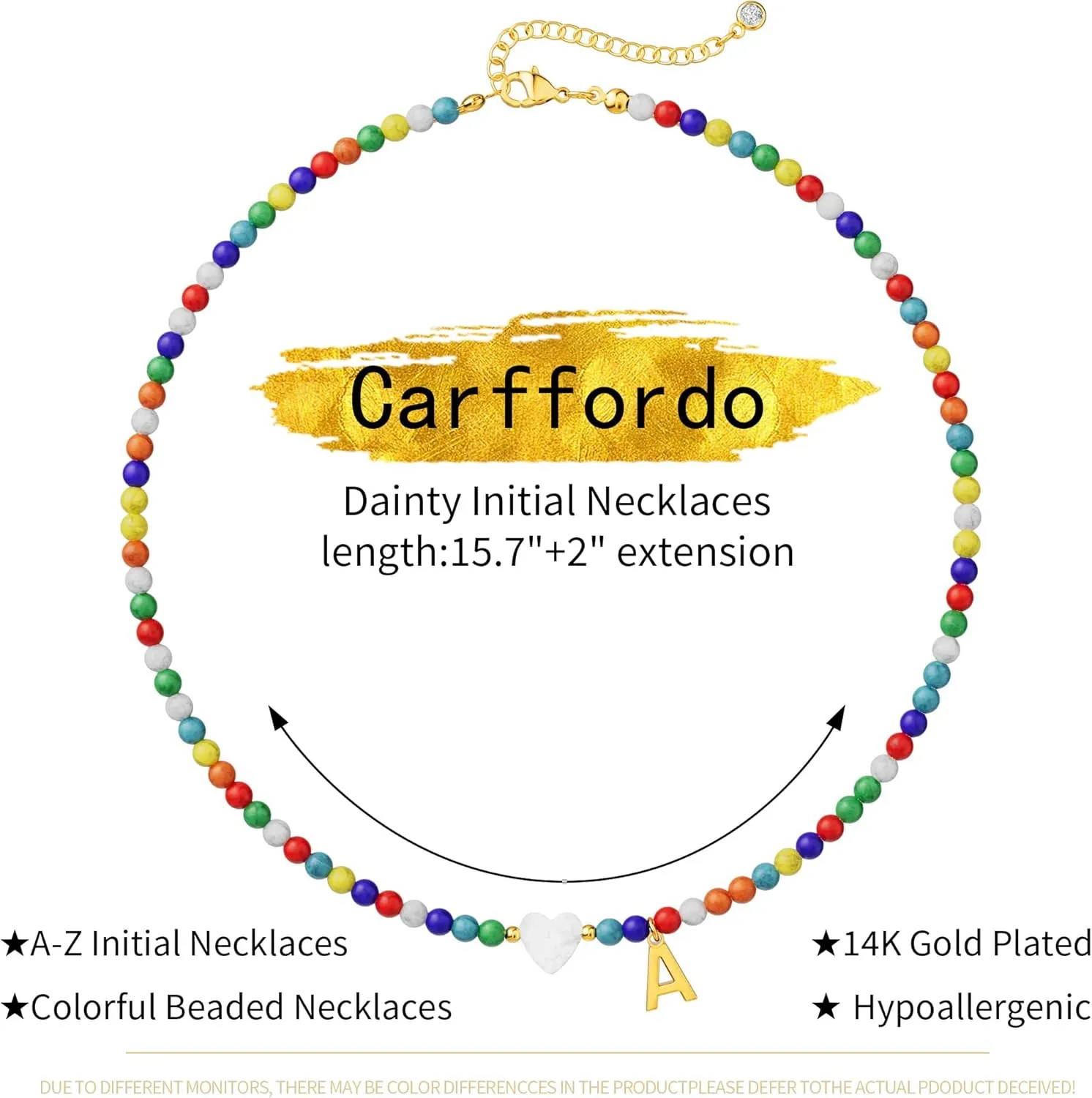 Caffordo Initial Necklaces for Women - Dainty 14K Gold Plated Letter A-Z Necklace Cute Colorful Beaded Choker Heart Pendants Necklace Trendy Jewelry Gifts