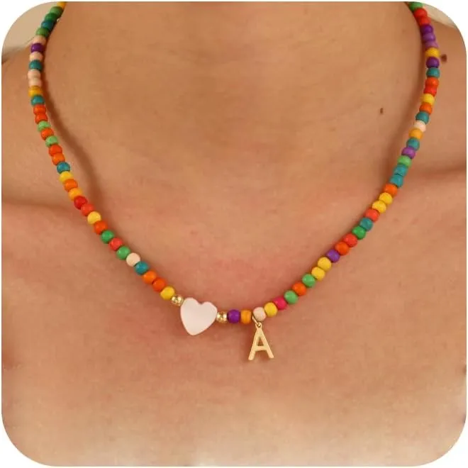 Caffordo Initial Necklaces for Women - Dainty 14K Gold Plated Letter A-Z Necklace Cute Colorful Beaded Choker Heart Pendants Necklace Trendy Jewelry Gifts