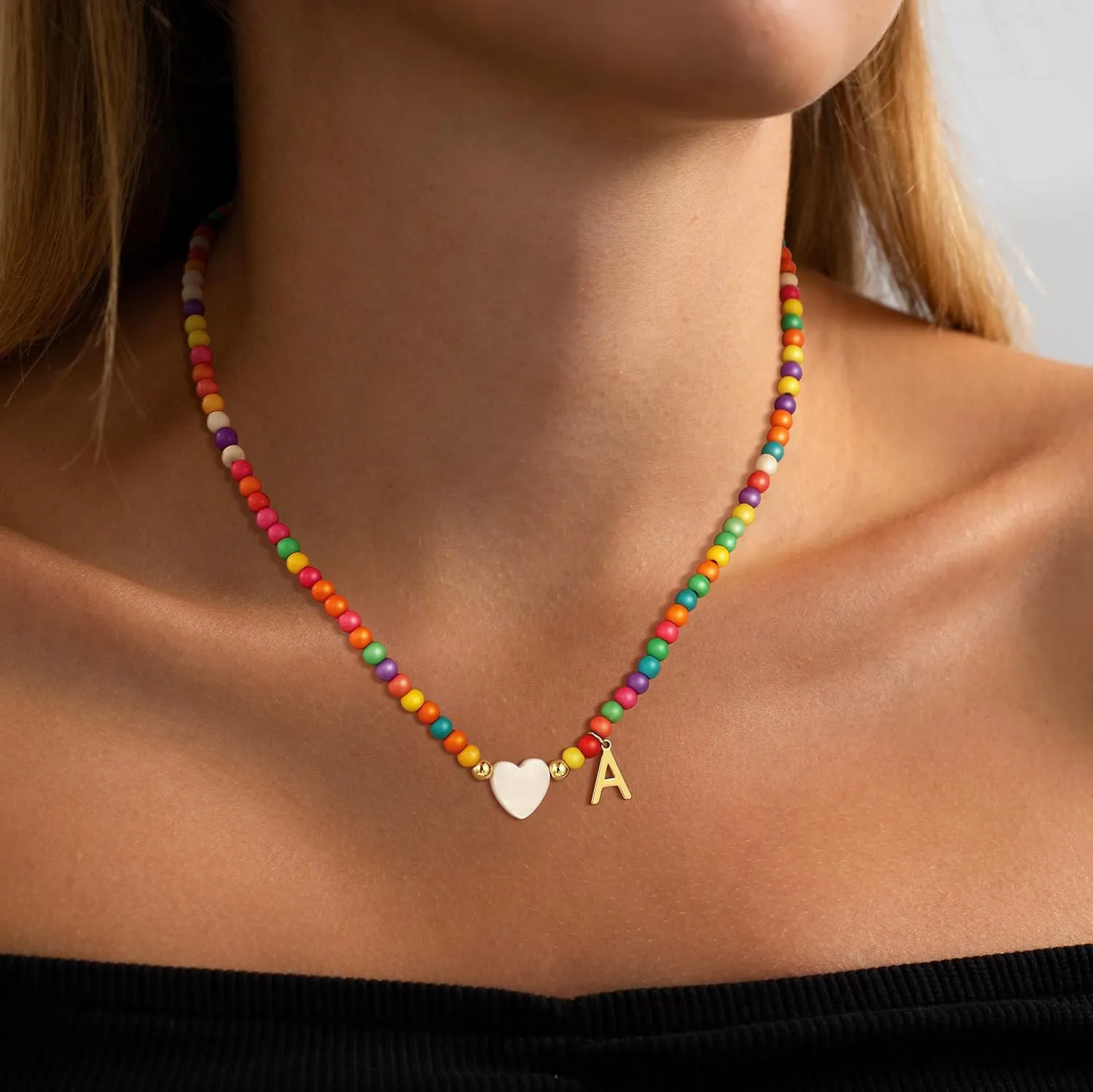 Caffordo Initial Necklaces for Women - Dainty 14K Gold Plated Letter A-Z Necklace Cute Colorful Beaded Choker Heart Pendants Necklace Trendy Jewelry Gifts