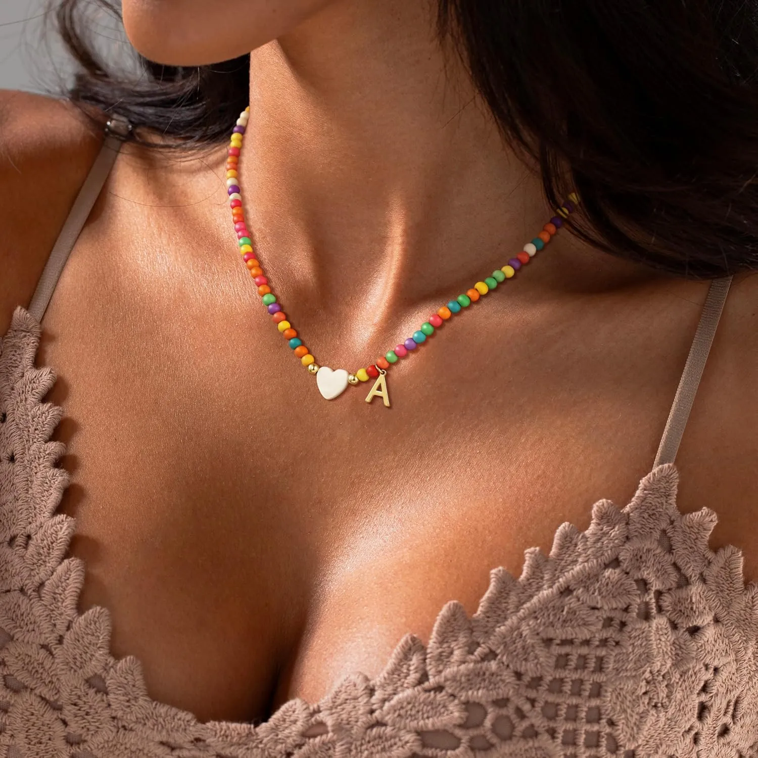 Caffordo Initial Necklaces for Women - Dainty 14K Gold Plated Letter A-Z Necklace Cute Colorful Beaded Choker Heart Pendants Necklace Trendy Jewelry Gifts