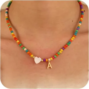 Caffordo Initial Necklaces for Women - Dainty 14K Gold Plated Letter A-Z Necklace Cute Colorful Beaded Choker Heart Pendants Necklace Trendy Jewelry Gifts