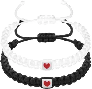 Caiyao 2Pcs Handmade Pinky Promise Heart Braided Bracelets Black White Love heart Matching Bracelets Adjustable Couples Friendships Long Distance Bracelets for Lover Best Friends Valentines Gifts