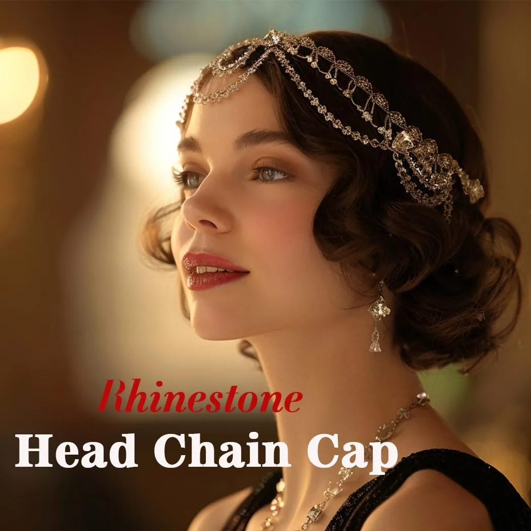 CAKURE 1920s Crystal Cap Headpiece Flapper Cap Head Jewelry Roaring 20s Hair Chain Headpiece Rhinestone Head Chain Jewelry Art Deco Party Hair Accesories for Women (a-gold, one size)