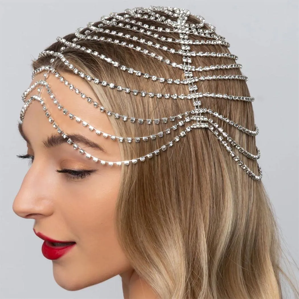 CAKURE 1920s Crystal Cap Headpiece Flapper Cap Headband Roaring 20s Headpiece Rhinestone Art Deco Party Hair Accesories for Women (b-silver, one size)