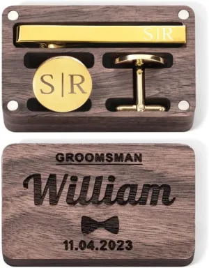 callie Personalized Cufflinks Tie Clip Set for Men with Wooden Box, Custom Initial Letter Name Cufflinks Tie Pin, Wedding Business Gift for Men Groom Groomsmen