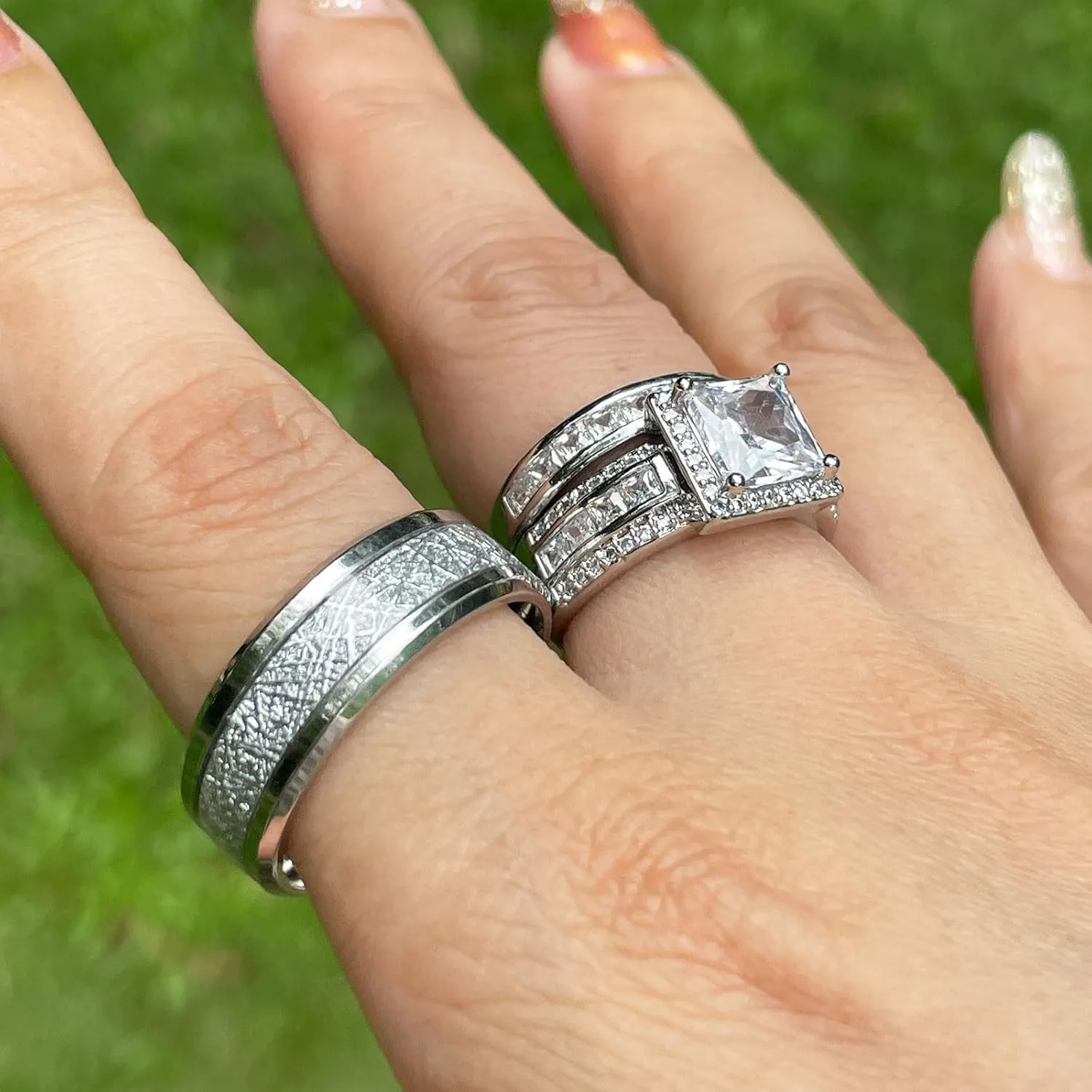 CEJUG Wedding Bands Sets for Him and Her Couples Wedding Rings Engagement Ring Bridal Ring Women Matching Men's CZ Carbide Titanium Band