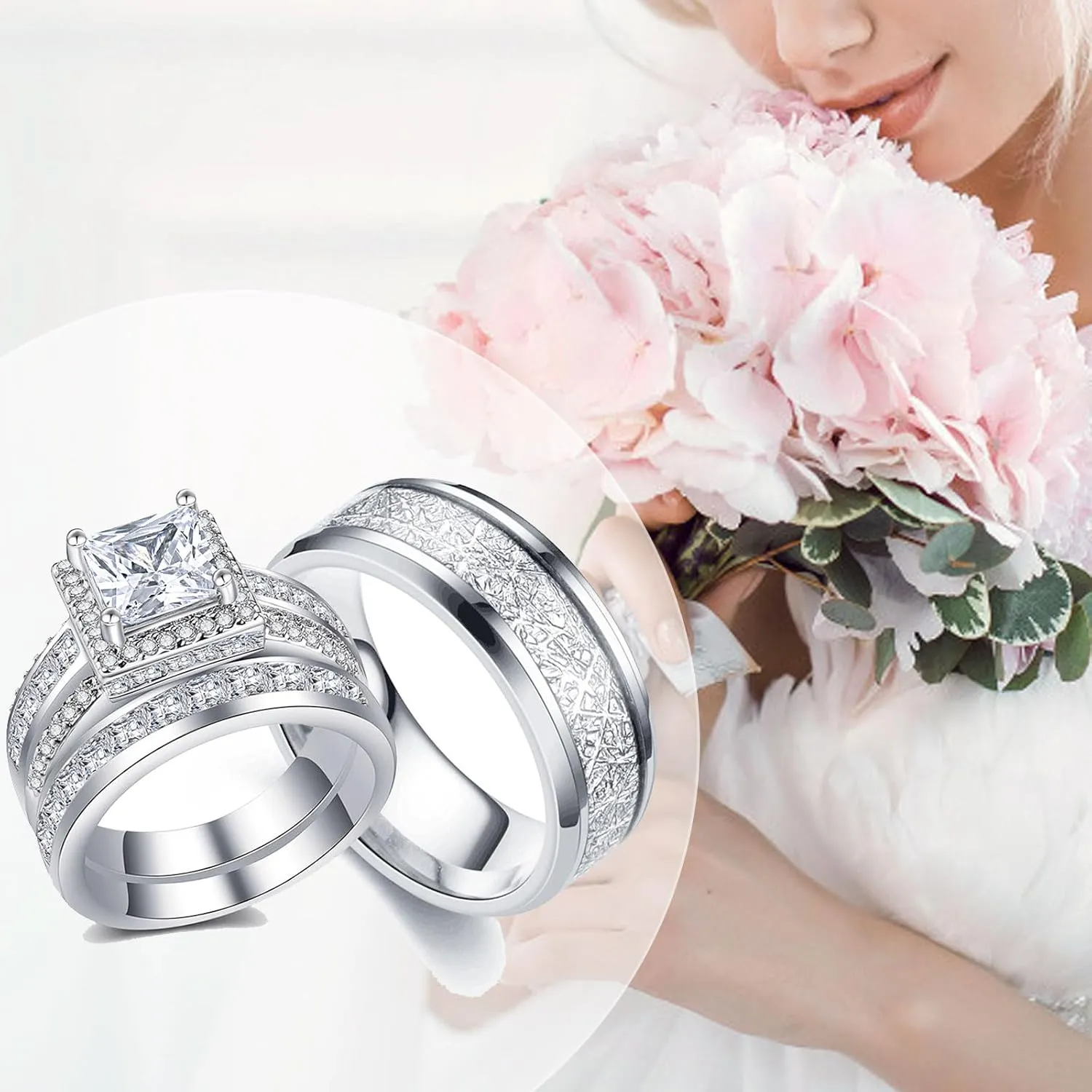 CEJUG Wedding Bands Sets for Him and Her Couples Wedding Rings Engagement Ring Bridal Ring Women Matching Men's CZ Carbide Titanium Band