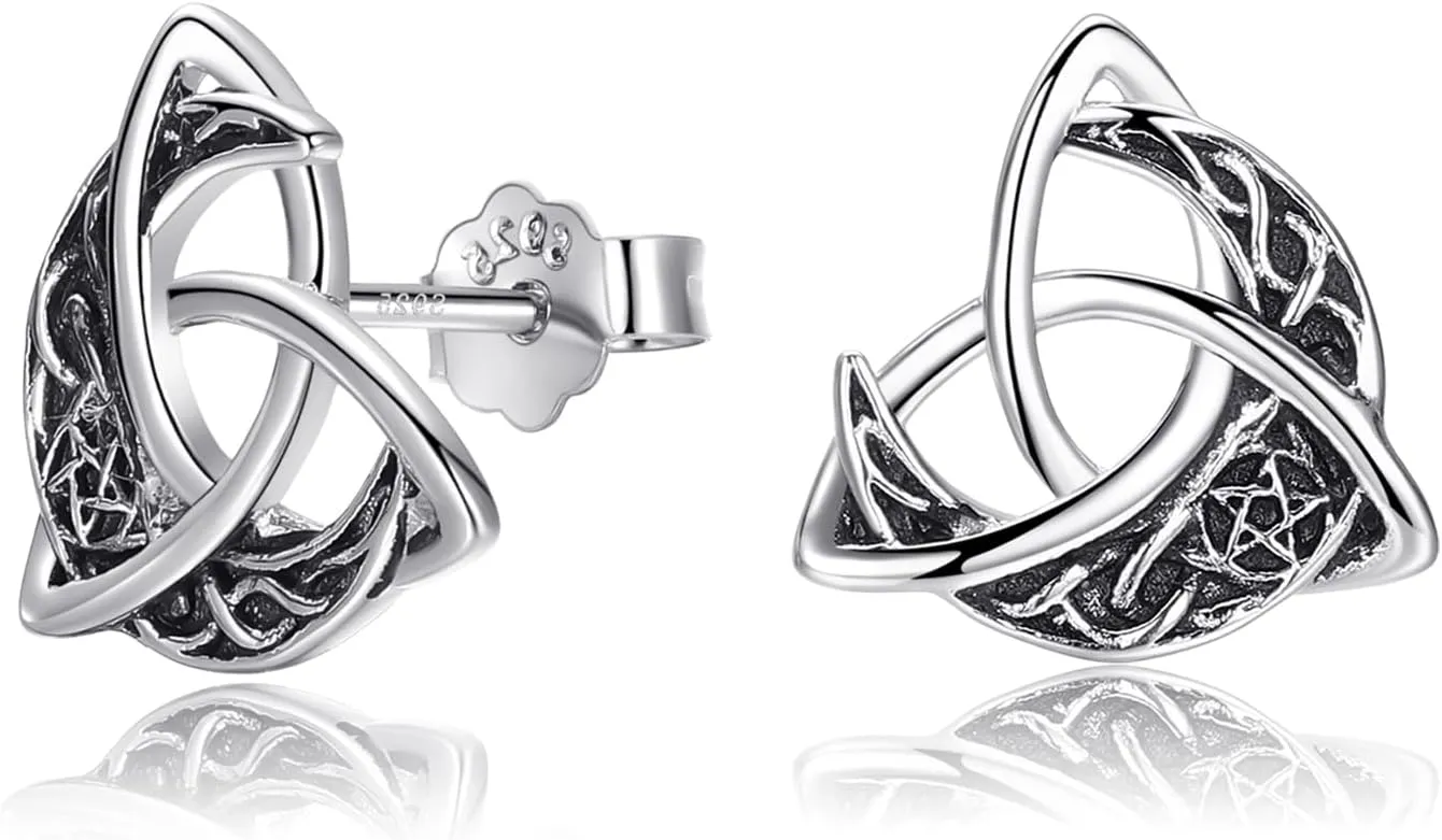 Celtic Stud Earrings 925 Sterling Silver Crescent Moon Celtic Knot Triangle Vintage Stud Earrings for Women Hypoallergenic Celtic Irish Jewelry Gift