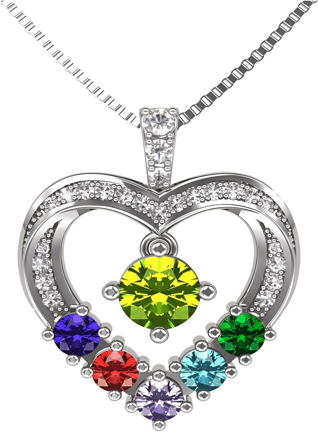 Central Diamond Center Mother & Child Heart Birthstone Necklace w/ 1-6 Simulated Gemstones in Sterling Silver, 10K, or 14K Gold