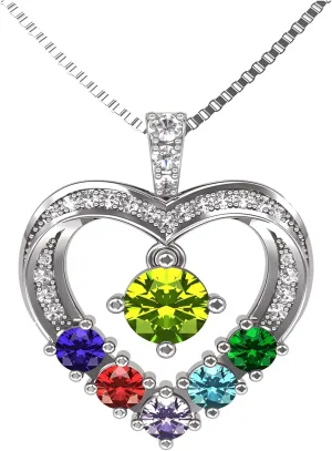 Central Diamond Center Mother & Child Heart Birthstone Necklace w/ 1-6 Simulated Gemstones in Sterling Silver, 10K, or 14K Gold