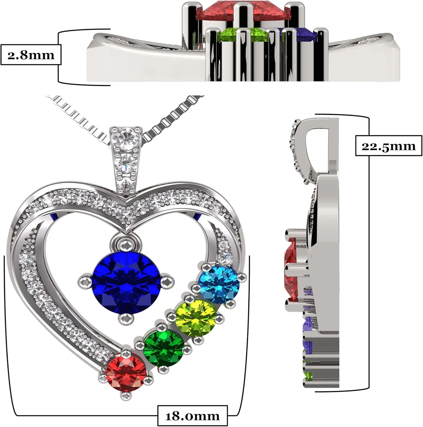 Central Diamond Center Mother & Child Heart Birthstone Necklace w/ 1-6 Simulated Gemstones in Sterling Silver, 10K, or 14K Gold