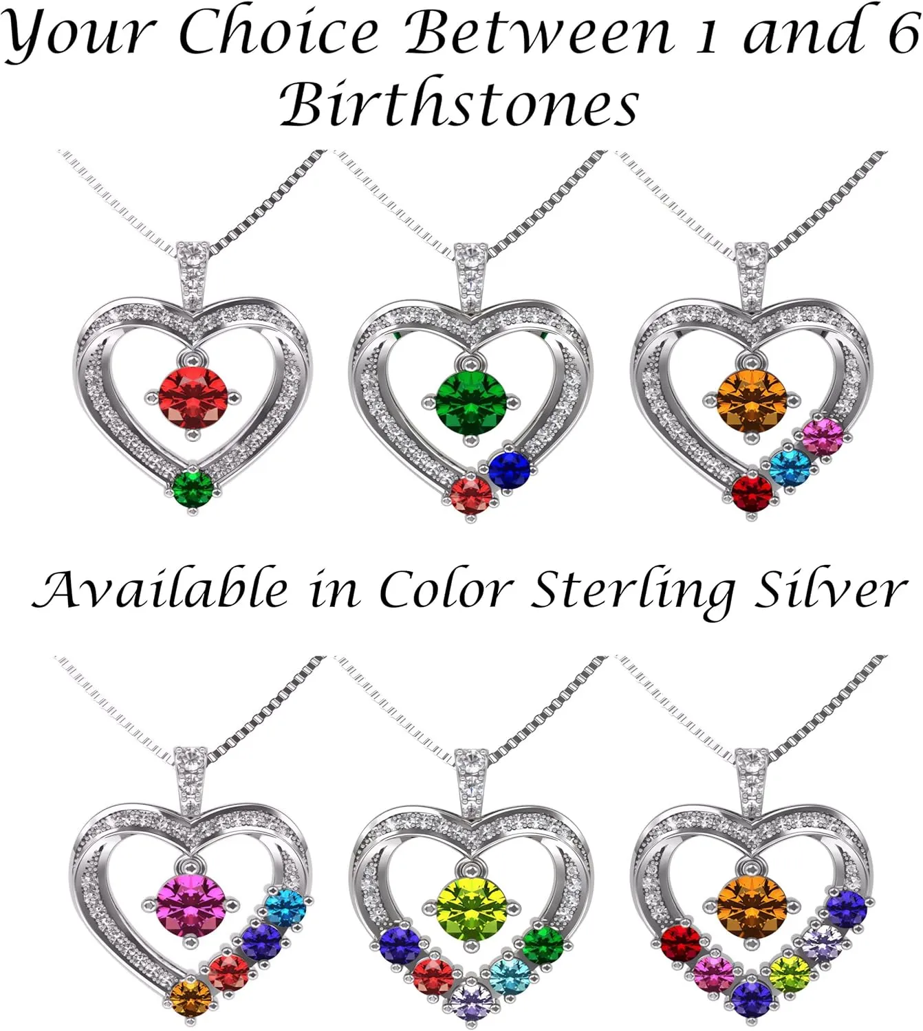 Central Diamond Center Mother & Child Heart Birthstone Necklace w/ 1-6 Simulated Gemstones in Sterling Silver, 10K, or 14K Gold