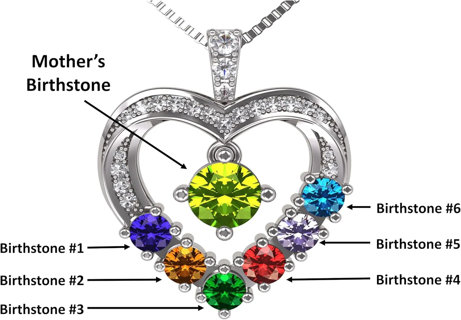 Central Diamond Center Mother & Child Heart Birthstone Necklace w/ 1-6 Simulated Gemstones in Sterling Silver, 10K, or 14K Gold
