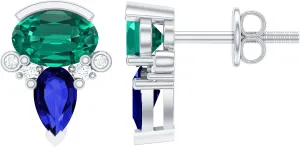 Certified Lab Grown Blue Sapphire and Emerald Art Deco Earrings in Silver, AAAA Quality, Sapphire Emerald Studs With Screw Back