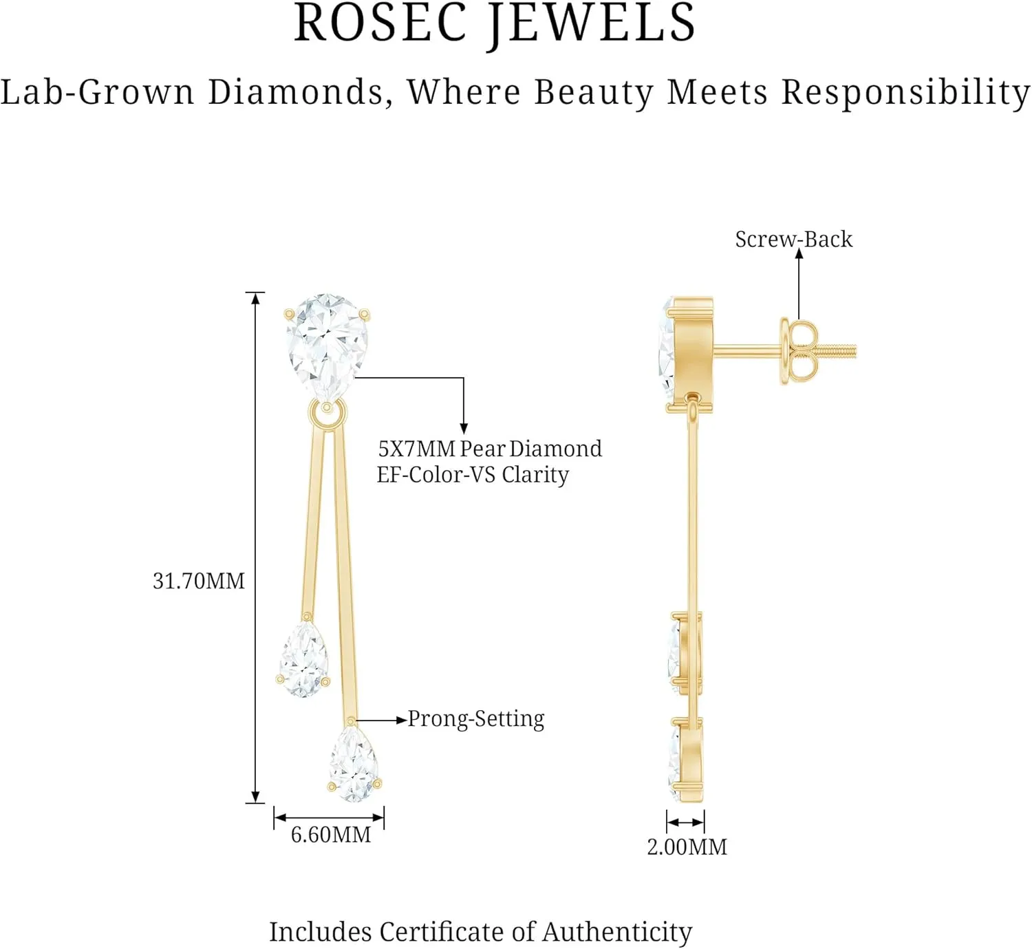 Certified Lab Grown Diamond Dangle Earrings, Ef-Vs Quality, Pear Diamond Wedding Earrings For Bride - With Jewelry Box