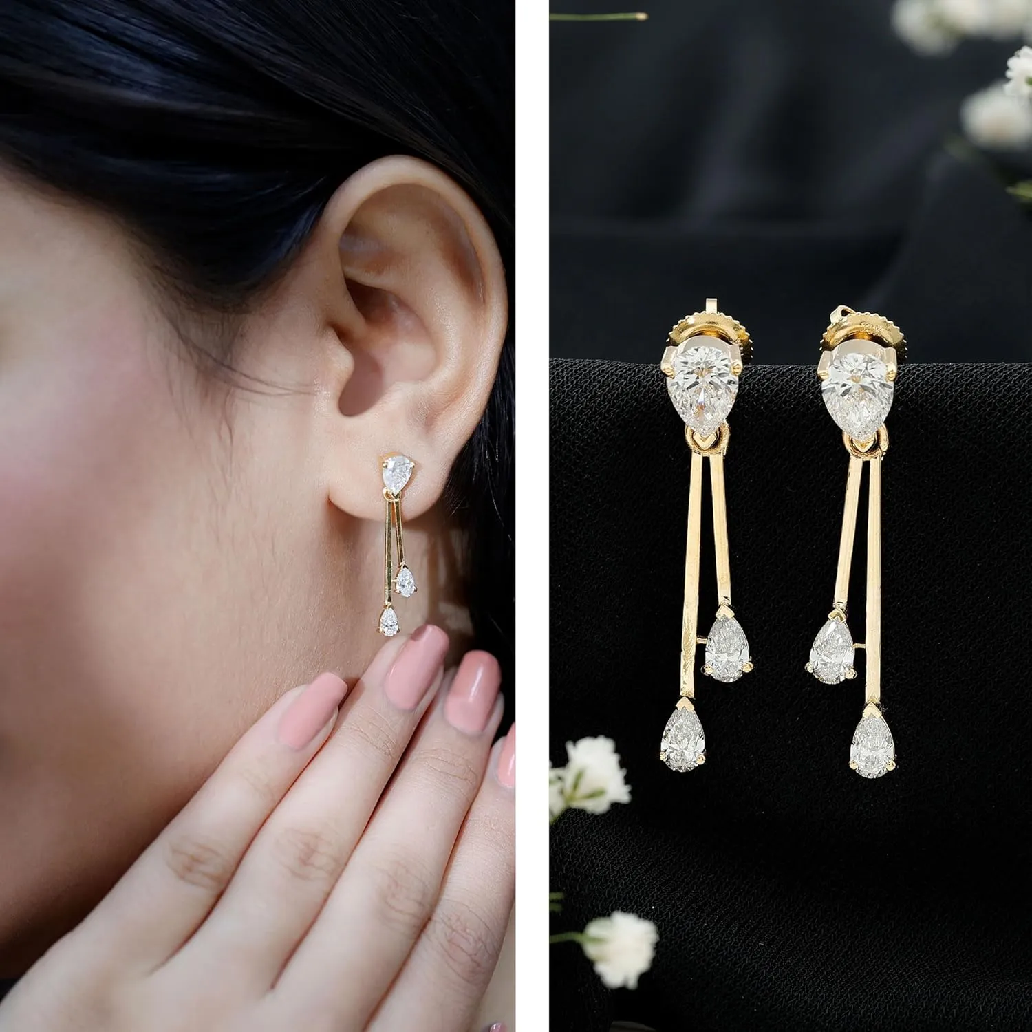 Certified Lab Grown Diamond Dangle Earrings, Ef-Vs Quality, Pear Diamond Wedding Earrings For Bride - With Jewelry Box