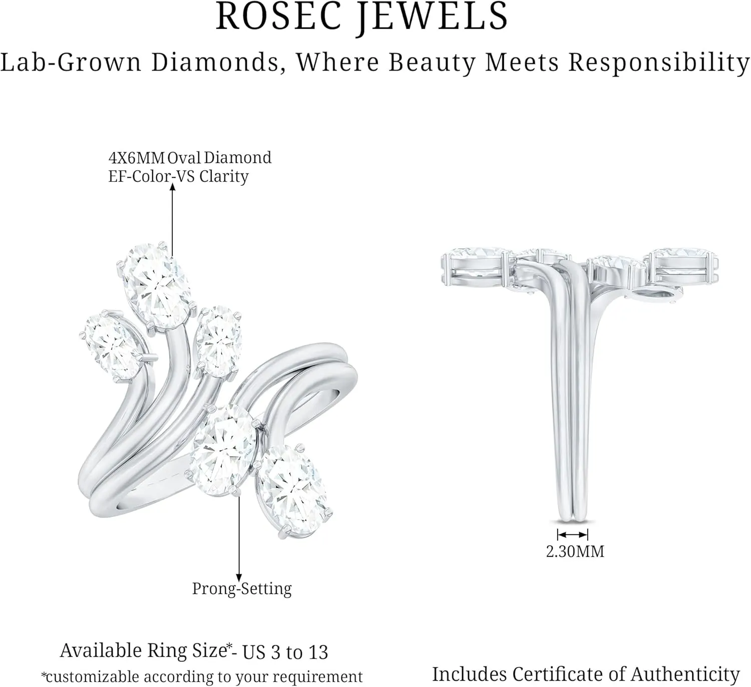 Certified Lab Grown Diamond Designer Engagement Ring, Ef-Vs Quality, Diamond Cocktail Ring - Ready To Gift