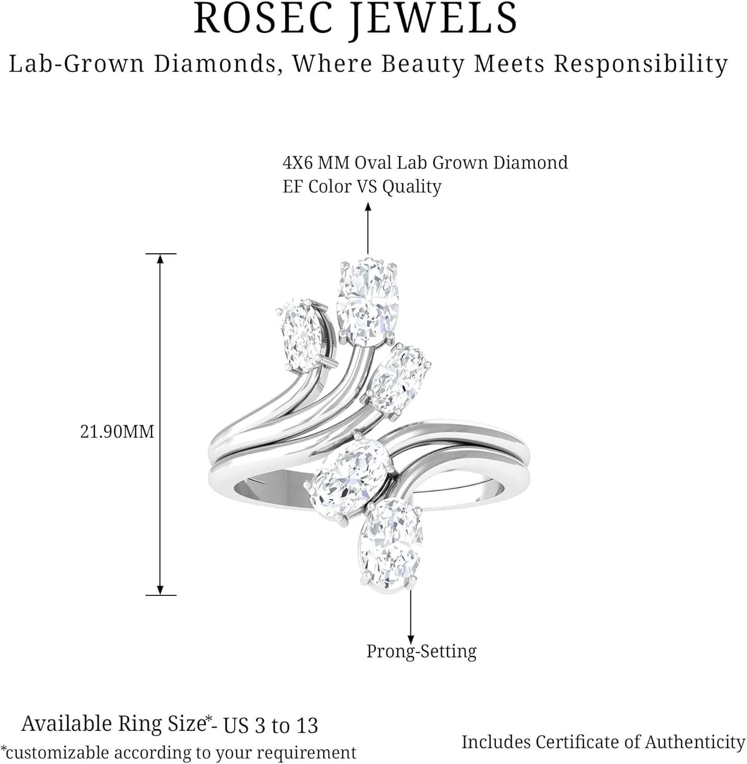 Certified Lab Grown Diamond Designer Engagement Ring, Ef-Vs Quality, Diamond Cocktail Ring - Ready To Gift